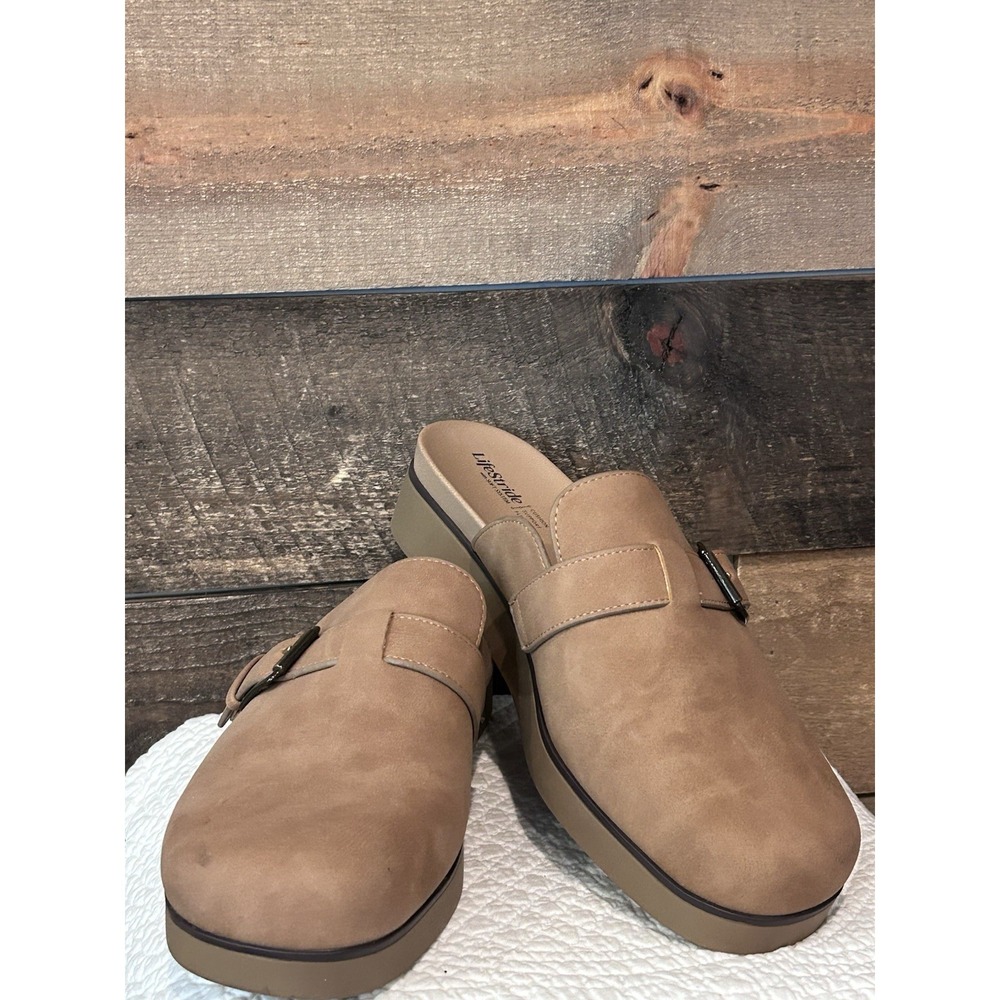 Women's LifeStride Gillian 11W Mule Clogs Tan Faux Nubuck EUC
